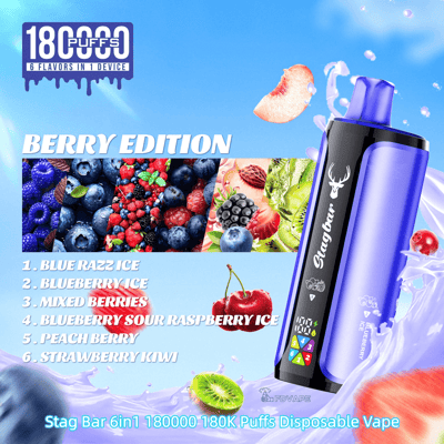 Berry Edition disposable vape with a purple and black body beside a collage of berries and a six-flavor list.