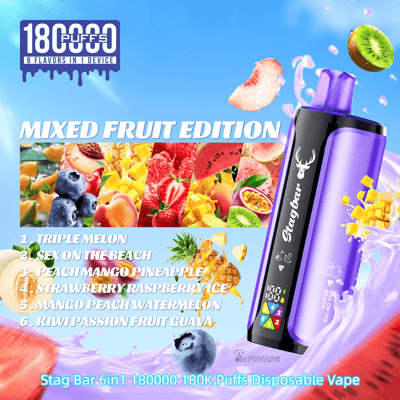 Disposable vape with a purple and black body beside a vibrant fruit collage, labeled Mixed Fruit Edition with six flavors.