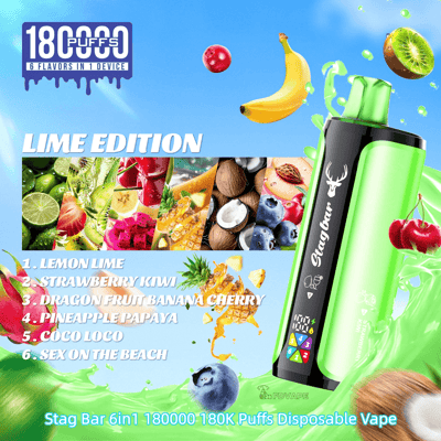 Lime Edition disposable vape in lime-green and black, with a fruit collage and a list of six flavors.