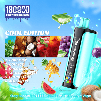 Bright blue promotional poster for Stag Bar 6in1 disposable vape, Cool Edition, featuring a turquoise vape device, fruit imagery, and a six-flavor list.