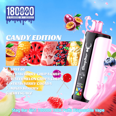 Candy Edition disposable vape in pink and black with 180K Puffs branding, set against a candy collage.