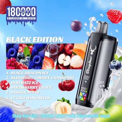 Blue background advertisement for Black Edition disposable vape; a sleek black device with a stag logo, six fruit flavors listed and 180K puffs.