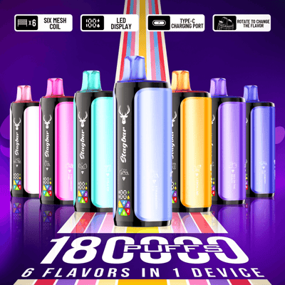 Row of colorful vape devices with LED display, centered on a blue unit, promoting 1800mAh and six flavors in one device.
