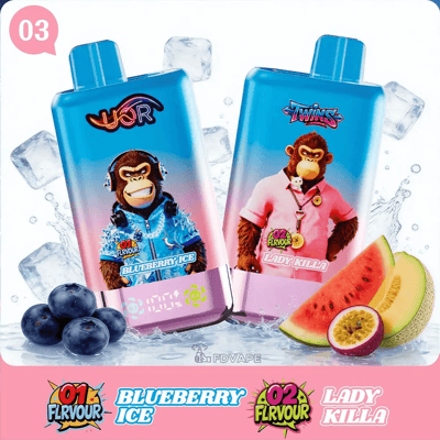 Two blue vape juice bottles with monkey mascots, labeled Blueberry Ice and Lady Killer, set among ice cubes, blueberries, and fruit slices.