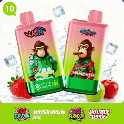 Two pink gradient vape bottles with cartoon monkey mascots in green and red jackets, labeled Watermelon Ice and Double Apple.