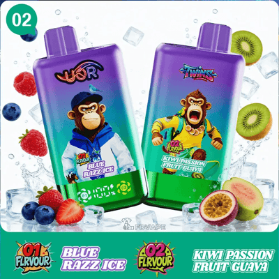 Two purple vape bottles with fruit labels, ice and berries around; left shows a person with a blurred face in a blue hoodie, right features a cartoon monkey.