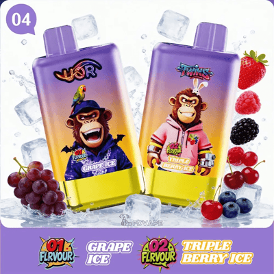Two purple gradient vape bottles with yellow bases, labeled Grape Ice and Triple Berry Ice, surrounded by ice and assorted berries.