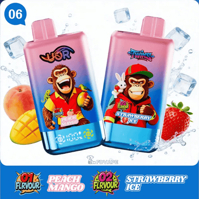 Two gradient pink-to-blue bottles with cartoon characters on the labels, Peach Mango and Strawberry Ice, amid ice cubes and fruit slices.