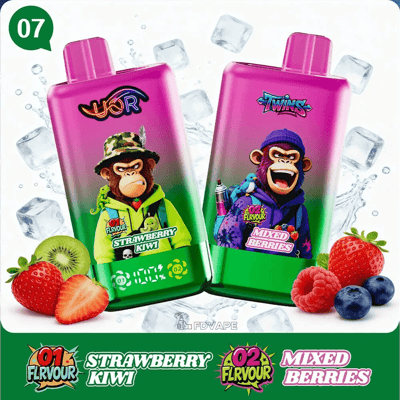 Two pink vape bottles labeled Strawberry Kiwi and Mixed Berries, surrounded by berries and ice.