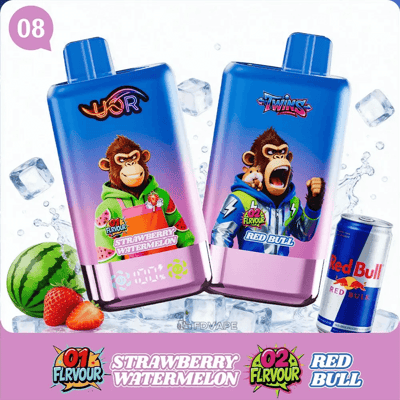 Two blue vape bottles with cartoon monkey mascots, labeled Strawberry Watermelon and Red Bull, set with ice and fruit.