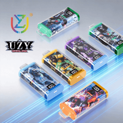 Colorful translucent USB drives with anime-style artwork, labeled 100, arranged diagonally; features UZY Crystal Star.