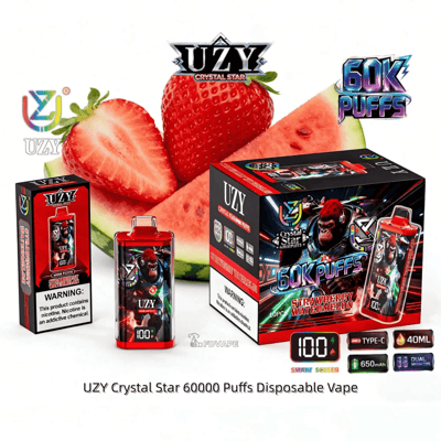 UZY Crystal Star 60K Puffs disposable vape with strawberry watermelon flavor, shown with its box and a red device against fruit background.