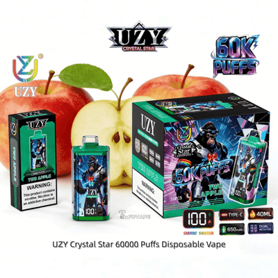 UZY Crystal Star 60000 Puffs disposable vape packaging and devices, apple flavor, with red and green apples in the background.