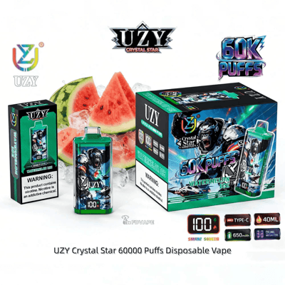UZY Crystal Star 60K Puffs disposable vape with watermelon flavor, shown with a box and watermelon slices.