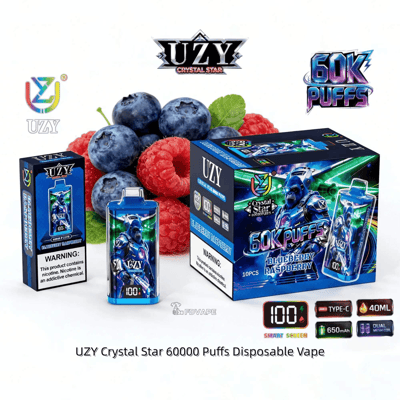 UZY Crystal Star 60000 Puffs disposable vape kit with blue packaging and two devices, Blueberry Raspberry flavor.