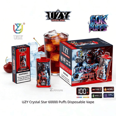 UZY Crystal Star 60000 Puffs disposable vape box set with red device, Cherry Cola Ice flavor, and ice-filled background.