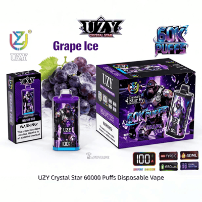 Purple UZY Crystal Star disposable vape packaging for Grape Ice, featuring grape imagery and a 60,000-puff capacity.
