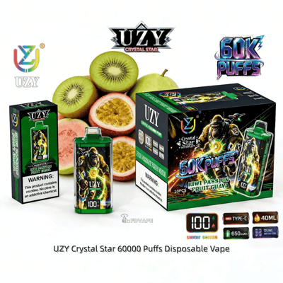 UZY Crystal Star 60000 Puffs disposable vape packaging with kiwi passion fruit guava flavor and fresh kiwifruit imagery.