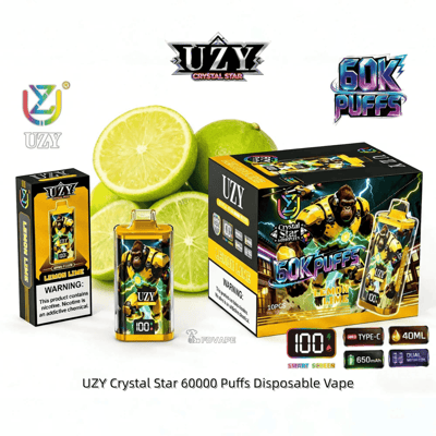 UZY Crystal Star 60000 Puffs disposable vape with lemon-lime flavor, shown with packaging and fresh lemons and limes.