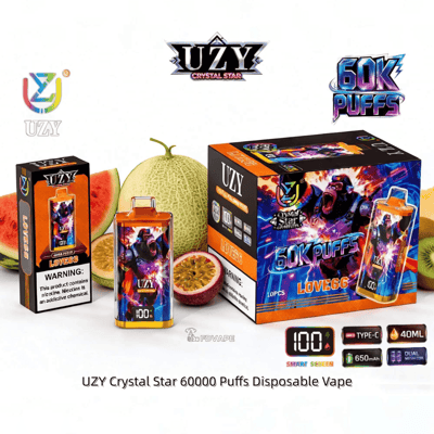 UZY Crystal Star 60000 Puffs disposable vape with a colorful device and 60K Puffs packaging.