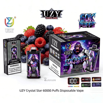 UZY Crystal Star 60K Puffs disposable vape kit with mixed berries flavor, shown with its berry-themed box and devices.