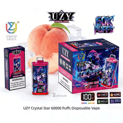 UZY Crystal Star 60000 Puffs disposable vape boxes and device in Peach Ice flavor, shown with peaches and ice.