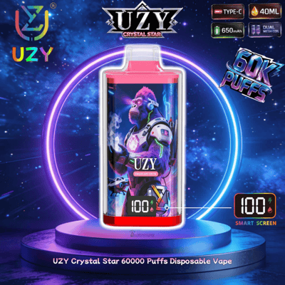 UZY Crystal Star 60000 Puffs disposable vape with pink mouthpiece, neon gorilla astronaut artwork on the label, displayed on a glowing blue pedestal.