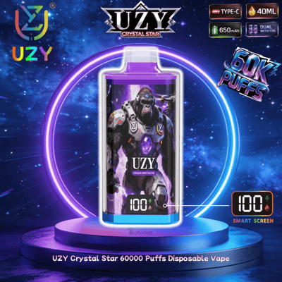 Purple UZY Crystal Star disposable vape with a gorilla graphic, 60,000 puffs, on a neon blue stand against a space backdrop.