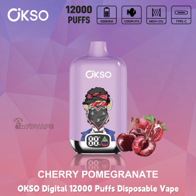 OKSO Digital 12000 Puffs disposable vape in cherry pomegranate flavor with 500mAh battery, mesh coil, and Type‑C charging icons