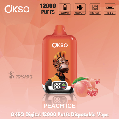 OKSO 12000 Puffs Peach Ice disposable vape with digital display, orange design, and peach and ice cube graphics