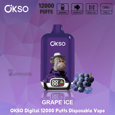 OKSO Digital 12000 Puffs disposable vape in Grape Ice flavor, purple device with display, 500mAh, mesh coil, Type-C charging