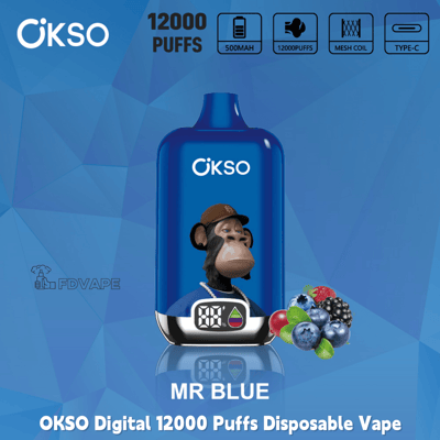 OKSO Digital 12000 Puffs disposable vape in MR BLUE flavor with berry graphics, 500mAh battery, mesh coil, and Type-C charging icon