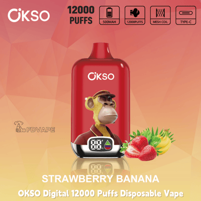 Red OKSO Digital 12000 Puffs disposable vape, strawberry banana flavor, 500mAh battery with mesh coil and Type‑C charging icons