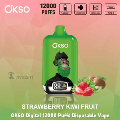 Green OKSO Digital 12000 Puffs disposable vape, strawberry kiwi flavor, with screen display and fruit graphics