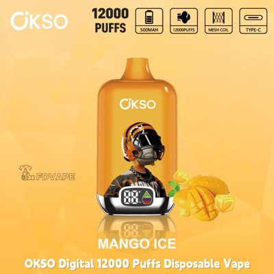 OKSO Digital 12000 Puffs disposable vape in Mango Ice flavor with 500mAh battery, mesh coil, and Type-C charging icons displayed