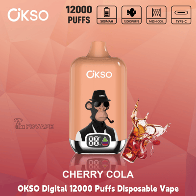 OKSO Digital 12000 Puffs disposable vape in Cherry Cola flavor with display screen and feature icons on a red background