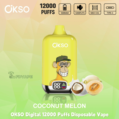 OKSO Digital 12000 Puffs disposable vape, coconut melon flavor, 500mAh battery, mesh coil, Type-C charging