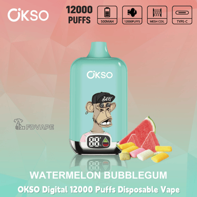 OKSO 12000 puffs disposable vape, watermelon bubblegum flavor, 500mAh Type-C device with mesh coil and digital display