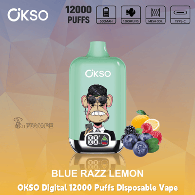 OKSO Digital 12000 Puffs disposable vape in Blue Razz Lemon flavor with 500mAh battery, mesh coil, and Type-C charging icons displayed