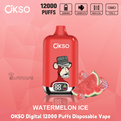 Red OKSO Digital 12000 Puffs disposable vape, Watermelon Ice flavor, with 500mAh battery, mesh coil and Type-C charging