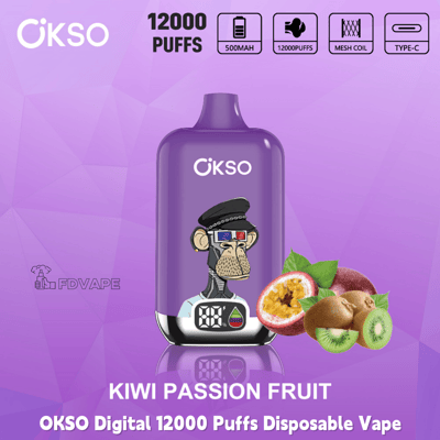 Purple OKSO Digital disposable vape, Kiwi Passion Fruit flavor, 12000 puffs, 500mAh, mesh coil, Type-C charging icons shown