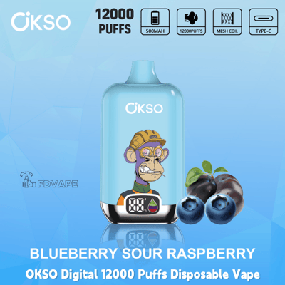 OKSO Digital 12000 Puffs disposable vape in blue with blueberry sour raspberry flavor and fruit graphics