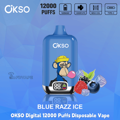 OKSO Digital 12000 Puffs disposable vape in Blue Razz Ice with 500mAh battery, mesh coil, Type‑C, and berry ice graphics