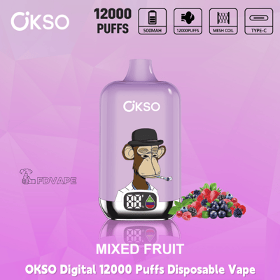 OKSO Digital 12000 Puffs disposable vape, mixed fruit flavor, 500mAh Type-C device with mesh coil and display screen