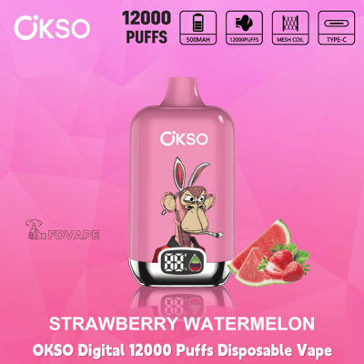 Pink OKSO Digital 12000 Puffs disposable vape, Strawberry Watermelon flavor, with display, 500mAh, mesh coil, Type‑C charging icons