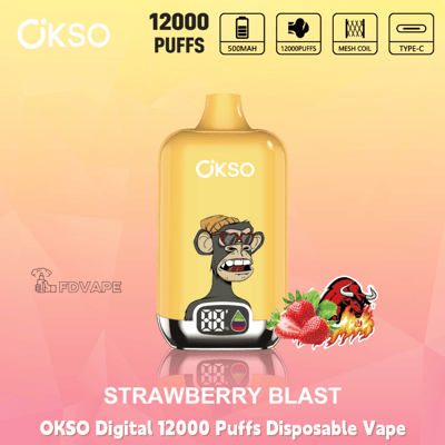 OKSO Digital 12000 Puffs disposable vape in Strawberry Blast, 500mAh with mesh coil and Type-C charging, yellow design