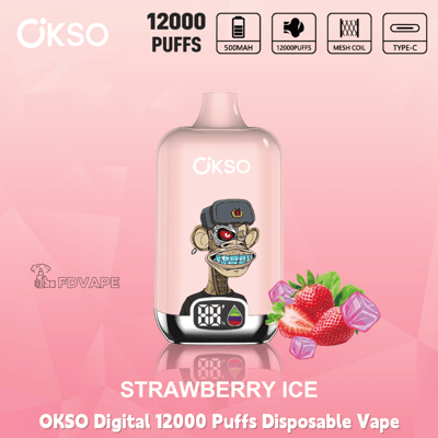 OKSO Digital 12000 Puffs disposable vape in Strawberry Ice flavor with 500mAh battery, mesh coil, and Type-C charging icons displayed