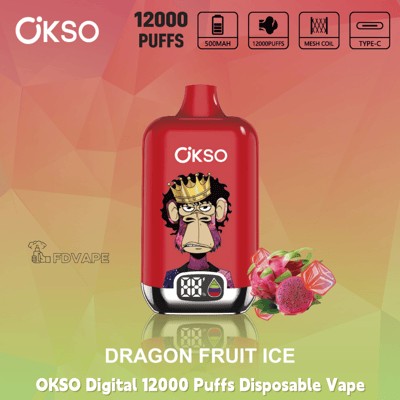 Red OKSO Digital 12000 Puffs disposable vape, Dragon Fruit Ice flavor, 500mAh Type-C with display screen