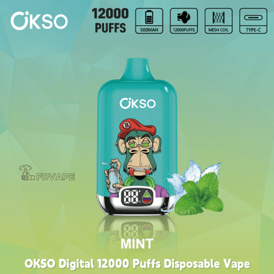 OKSO Digital 12000 Puffs disposable vape in mint flavor with cartoon monkey design, 500mAh battery and Type-C charging icons