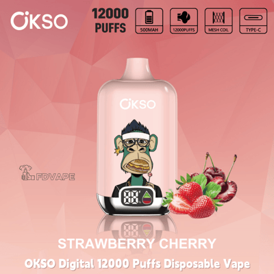 OKSO 12000 puffs disposable vape in Strawberry Cherry flavor with digital display, 500mAh battery, mesh coil, and Type-C charging
